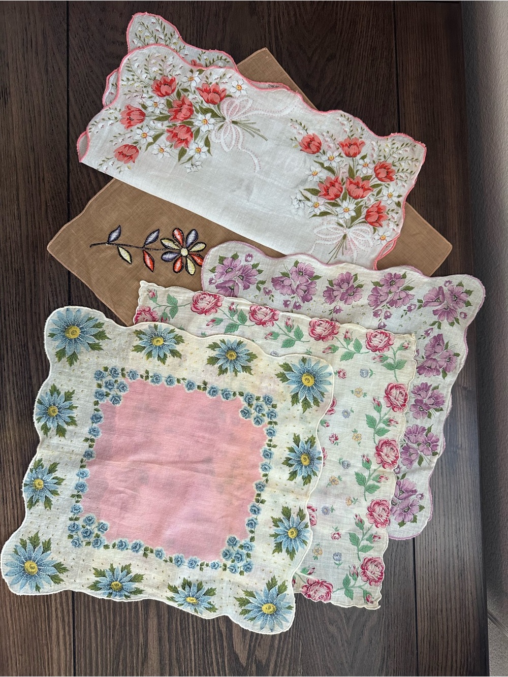 Vintage floral handkerchief bundle scalloped cotton hankies, lot of 5